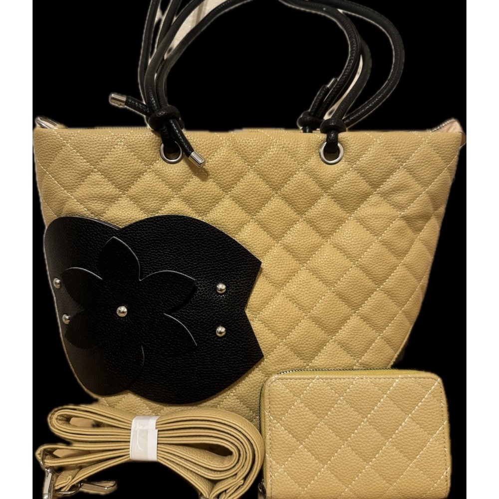 Beige Quilted Vegan Leather Handbag Set – Bag + Wallet + Strap (New)